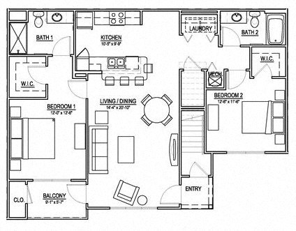 Floor plan for 2 beds, 2 baths, 1271 sqft